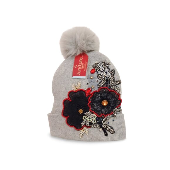 Cozy Grey & Black Floral Embellished Crystal Rhinestone Junk Pom-pom Beanie Hat - Picture 4 of 5